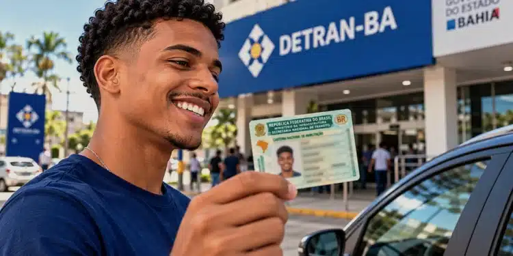 Departamento Estadual de Trânsito da Bahia divulga lista de inscrições deferidas do programa CNH da Gente 1 Jovem segura CNH em frente ao Detran-BA, em imagem relacionada à divulgação das inscrições deferidas do programa CNH da Gente.