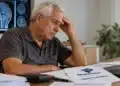 Isenção de IR pode valer para sequelas neurológicas limitantes e permanentes, prevê projeto na Câmara 14 Homem idoso em cadeira de rodas analisa documentos do Imposto de Renda, com imagens de exames cerebrais exibidas em um monitor ao fundo.
