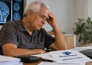 Isenção de IR pode valer para sequelas neurológicas limitantes e permanentes, prevê projeto na Câmara 7 Homem idoso em cadeira de rodas analisa documentos do Imposto de Renda, com imagens de exames cerebrais exibidas em um monitor ao fundo.