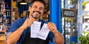 Microempreendedor individual segurando uma nota fiscal rasgada em frente ao comércio, representando as mudanças na emissão de documentos fiscais em 2027.