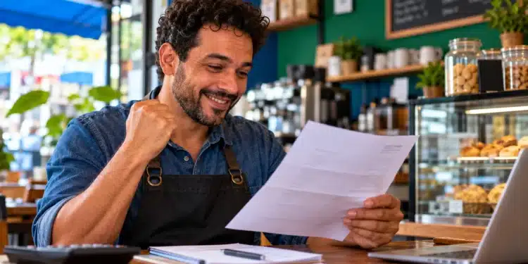 Microempreendedor individual sorri ao analisar documento financeiro em sua cafeteria, ilustrando a possibilidade de perdão de dívidas de MEIs.