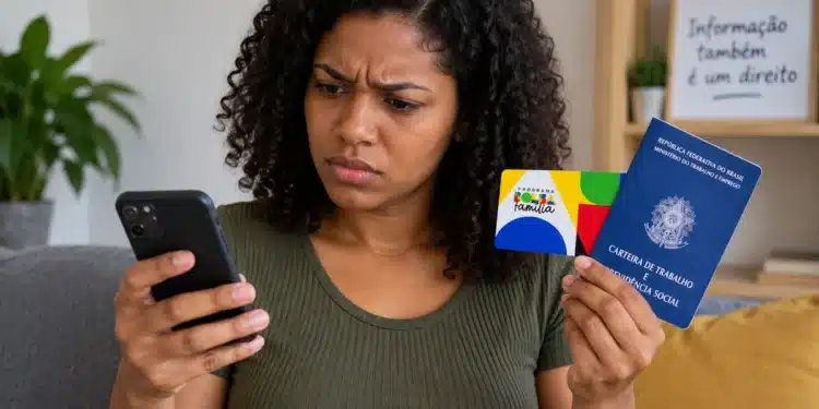 Mensagem sobre carteira de trabalho e Bolsa Família é falsa; veja o que o ministério esclareceu 1 Mulher com expressão de dúvida consulta mensagem no celular enquanto segura cartão do Bolsa Família e carteira de trabalho.