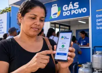 Mulher consulta vale do Gás do Povo pelo celular em ponto de distribuição de botijões
