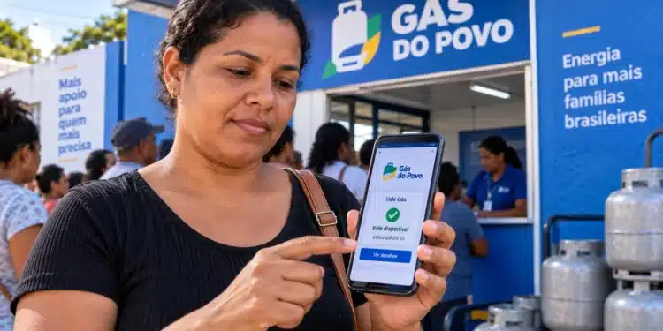 Mulher consulta vale do Gás do Povo pelo celular em ponto de distribuição de botijões