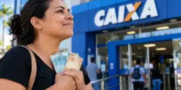 Mulher segura notas de reais em frente a uma agência da Caixa Econômica Federal, ilustrando a ampliação do Saque Calamidade do FGTS em outubro de 2026.