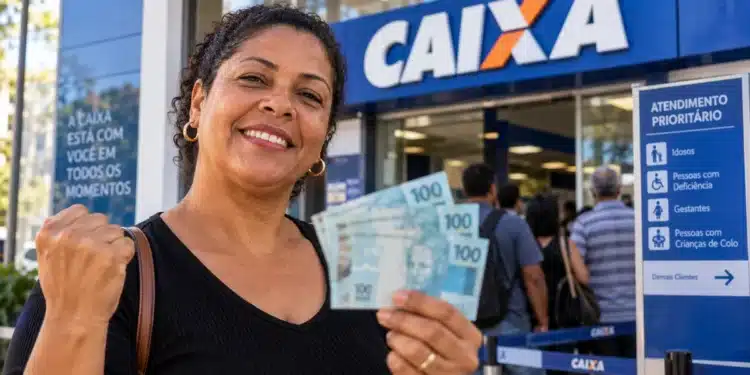 Ressarcimento PIS/Pasep libera novo pagamento no dia 26/10; veja como funciona a solicitação 1 Mulher sorridente segura cédulas de R$ 100 em frente a uma agência da Caixa Econômica Federal, com clientes aguardando atendimento.
