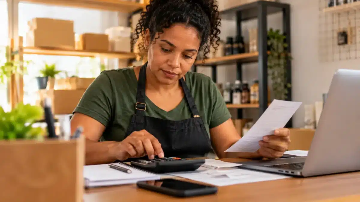 MEIs com dívidas inscritas na dívida ativa até 13 de outubro terão os débitos zerados a partir de janeiro 2 Microempreendedora analisa documentos financeiros e utiliza uma calculadora, representando o pagamento das seis contribuições mensais do MEI após a entrada em vigor da lei complementar.