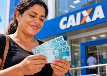Caixa libera nesta segunda (26) novo pagamento de valores esquecidos do PIS/Pasep; veja quem recebe 7 Mulher segura notas de R$ 100 em frente a uma agência da Caixa, representando o novo pagamento de valores esquecidos do PIS/Pasep.