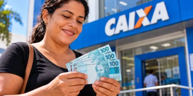 Mulher segura notas de R$ 100 em frente a uma agência da Caixa, representando o novo pagamento de valores esquecidos do PIS/Pasep.