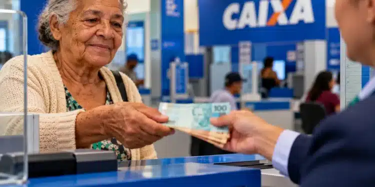 Idosa recebe dinheiro em agência da Caixa Econômica Federal, representando o pagamento do BPC de outubro de 2026.