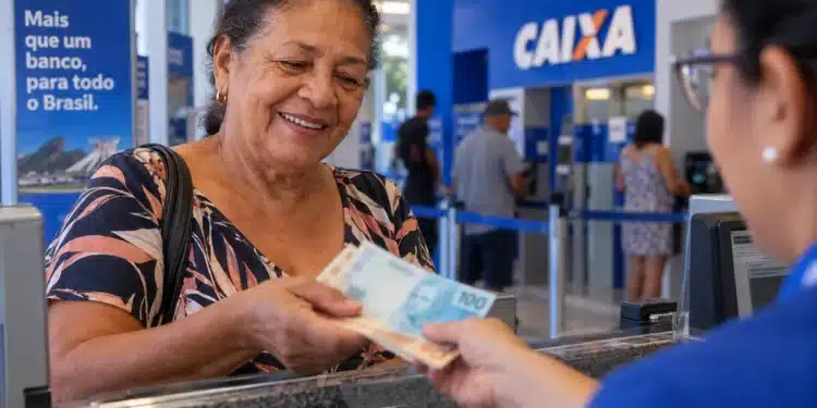 Mulher recebe dinheiro em agência bancária, representando o pagamento do BPC de outubro pelo INSS.