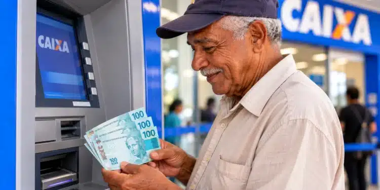 Idoso sacando pagamento em caixa eletrônico da Caixa, representando o pagamento do BPC de outubro.