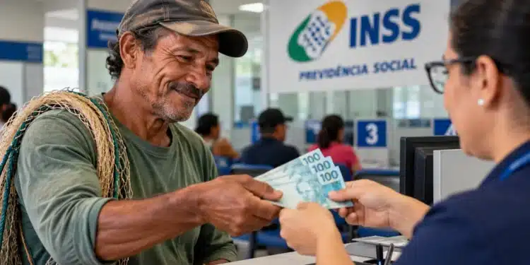 Pescador artesanal recebe cédulas de dinheiro durante atendimento em agência do INSS, representando o pagamento do último lote do Seguro-Defeso pelo Instituto.