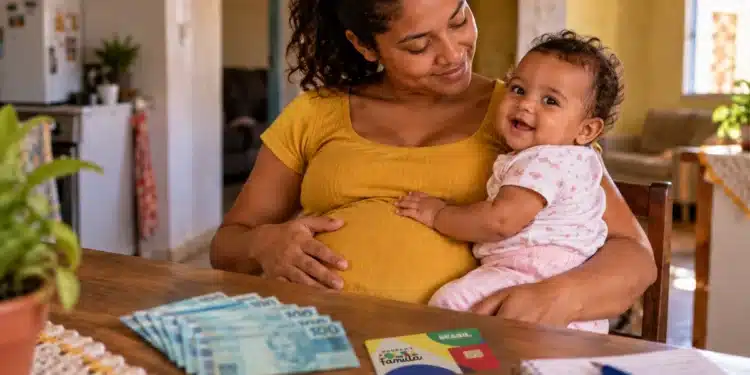 Mulher gestante com bebê no colo diante de dinheiro e cartão do Bolsa Família sobre a mesa