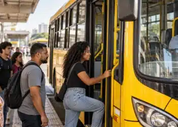 PEC enviada ao Congresso pode financiar transporte coletivo gratuito nos fins de semana e feriados 6 Passageiros embarcam em ônibus urbano amarelo em terminal brasileiro, em cena que representa a PEC que prevê transporte coletivo gratuito nos fins de semana e feriados.