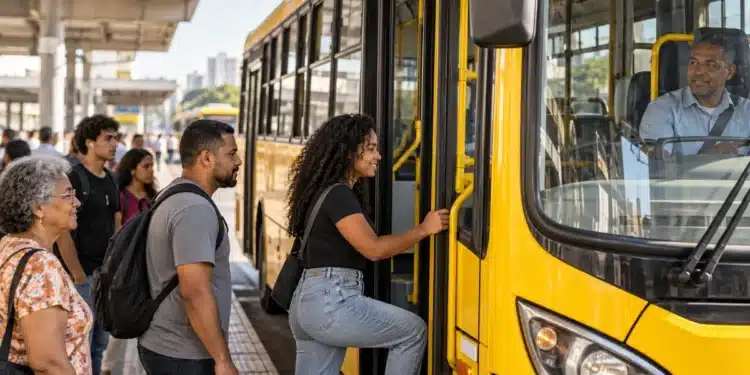 Passageiros embarcam em ônibus urbano amarelo em terminal brasileiro, em cena que representa a PEC que prevê transporte coletivo gratuito nos fins de semana e feriados.