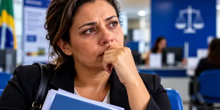 Servidora pública com expressão de preocupação segura documentos em repartição, ilustrando projeto que prevê licença remunerada para vítimas de violência doméstica.