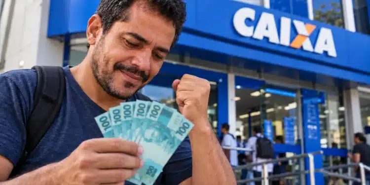 Homem segura notas de R$ 100 em frente a uma agência da Caixa, representando o prazo para solicitar o Saque Calamidade.