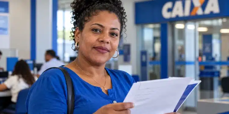 Mulher negra segura documentos em uma unidade da CAIXA, representando o cadastro aberto para microempreendedores individuais da Bahia interessados em prestar serviços à instituição.