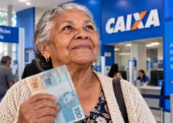 BPC de 2027 pode ter aumento de R$ 120 com salário mínimo previsto; confira a simulação 5 Idosa segura cédulas de dinheiro em agência da Caixa Econômica Federal, ilustrando a previsão de aumento do BPC em 2027.