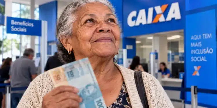 Idosa segura cédulas de dinheiro em agência da Caixa Econômica Federal, ilustrando a previsão de aumento do BPC em 2027.