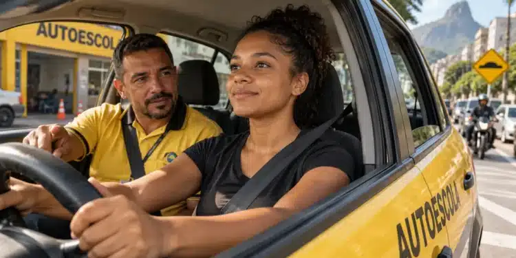 Jovem brasileira participa de aula prática de direção acompanhada por instrutor em carro de autoescola, representando o programa de CNH gratuita no Rio de Janeiro.