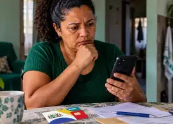 Reajuste do Bolsa Família é automático e não exige recadastramento; veja como se proteger de golpes 6 Beneficiária observa celular ao lado do cartão do Bolsa Família durante alerta sobre golpes no reajuste