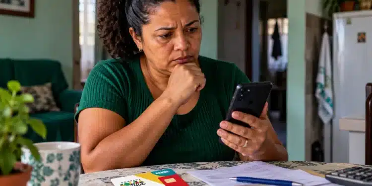 Beneficiária observa celular ao lado do cartão do Bolsa Família durante alerta sobre golpes no reajuste