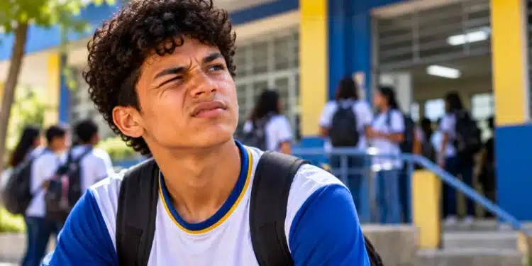 Estudante em frente a uma escola pública, representando o reconhecimento da Síndrome de Tourette como deficiência.