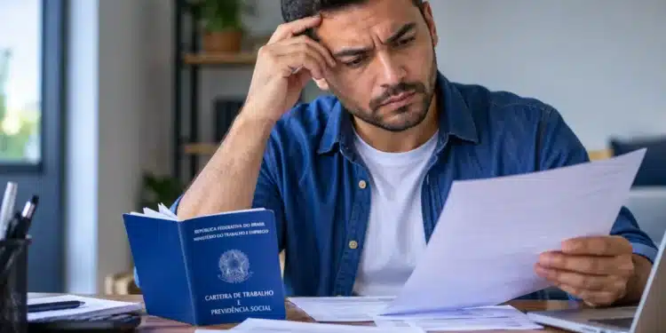 Trabalhador com expressão de preocupação analisa documentos ao lado da carteira de trabalho, representando dúvidas sobre o recurso administrativo do Abono Salarial.