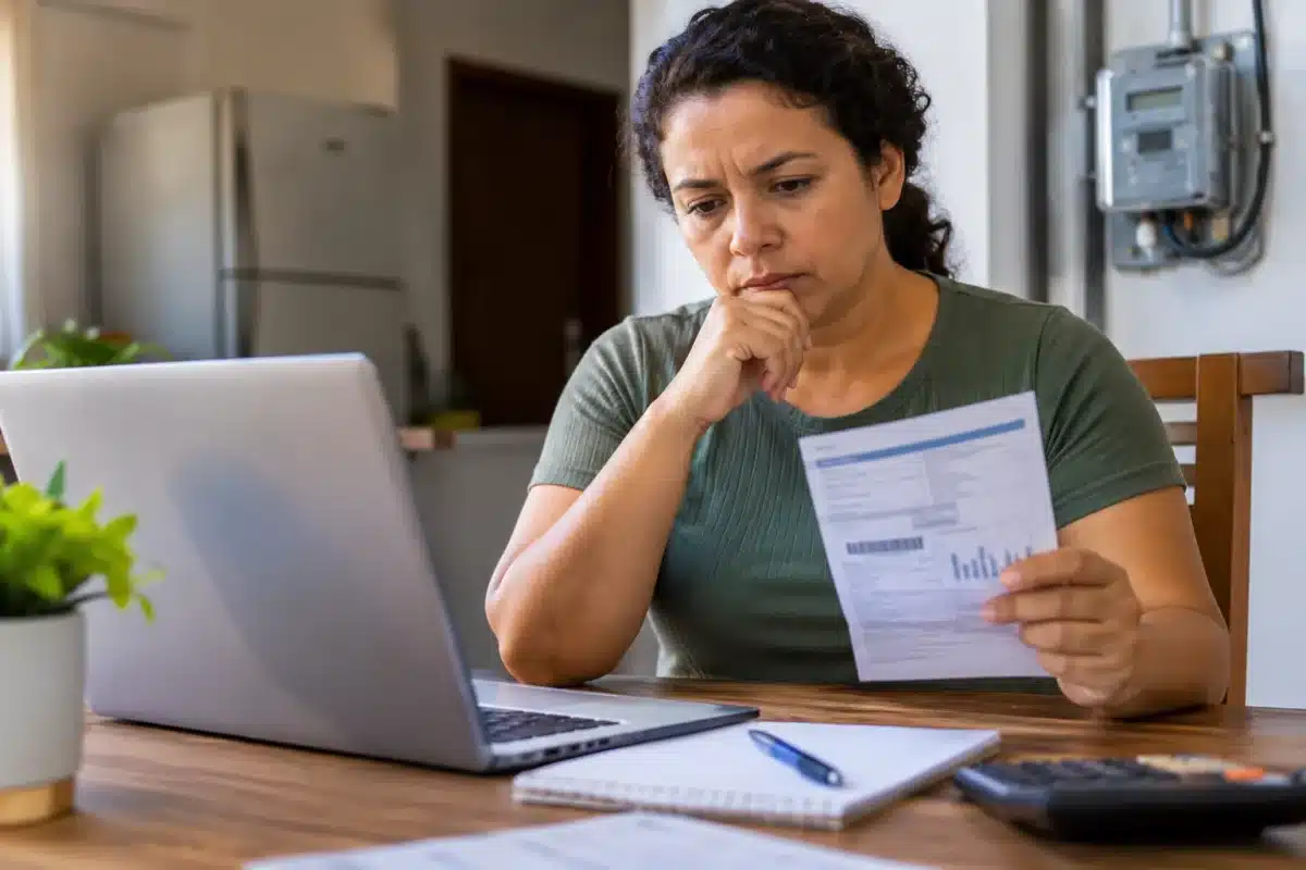 Tarifa Social: família deve receber pelo menos três avisos por escrito antes de perder o desconto na luz 2 Mulher analisando uma conta de energia elétrica em casa, com notebook aberto sobre a mesa, representando a conferência dos dados para manter a Tarifa Social de Energia Elétrica.