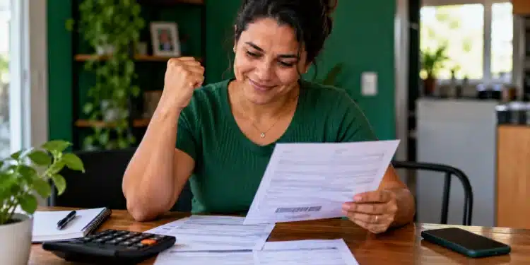 Mulher analisa boletos e documentos financeiros em casa, representando a possibilidade de renegociação de dívidas para microempreendedores individuais.