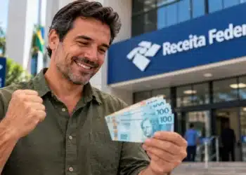 Restituição antecipada: Receita Federal já pagou R$ 41 bilhões a 25,9 milhões de contribuintes 6 Homem segura cédulas de R$ 100 em frente à Receita Federal, ilustrando a restituição antecipada do Imposto de Renda.