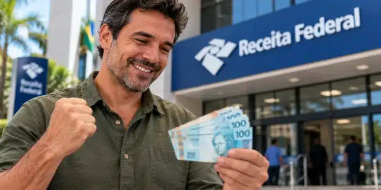 Homem segura cédulas de R$ 100 em frente à Receita Federal, ilustrando a restituição antecipada do Imposto de Renda.