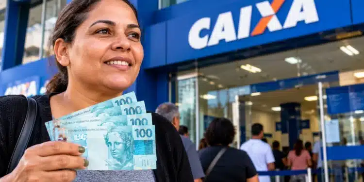 Mulher segura notas de R$ 100 em frente a uma agência da Caixa, em referência ao Saque Calamidade do FGTS.