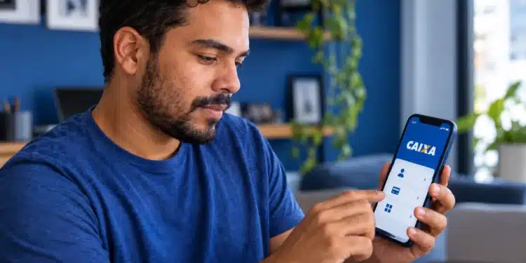 Homem acessa o aplicativo da Caixa, representando os serviços disponíveis na etapa de testes do novo app do banco.