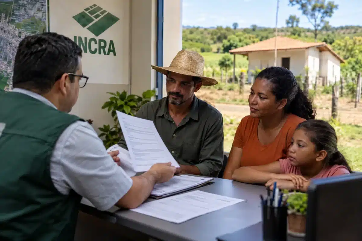 Crédito Instalação do Incra: quem pode acessar, quais são as modalidades e como o recurso chega à família 2 Família de trabalhadores rurais recebendo orientações de um atendente do Incra