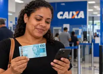 Ressarcimento do PIS/Pasep: veja como solicitar até 31 de outubro para receber o pagamento em novembro 5 Mulher consulta o celular em agência da Caixa enquanto segura uma cédula de R$ 100, representando a solicitação do ressarcimento do PIS/Pasep.
