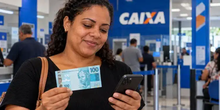 Ressarcimento do PIS/Pasep: veja como solicitar até 31 de outubro para receber o pagamento em novembro 1 Mulher consulta o celular em agência da Caixa enquanto segura uma cédula de R$ 100, representando a solicitação do ressarcimento do PIS/Pasep.