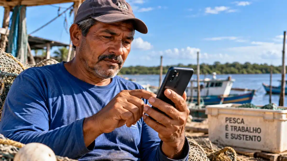 Pescadores ganham mais tempo para pedir o Seguro-Defeso; pedido vai até 90 dias após o início do defeso 2 Pescador artesanal utilizando celular próximo a barcos de pesca para acessar os canais digitais de solicitação do Seguro-Defeso.