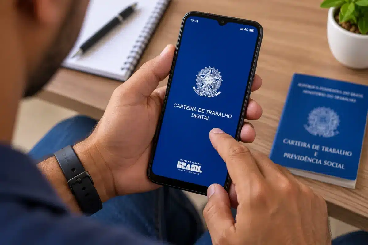Seguro-desemprego 2026: veja como o valor da parcela é calculado a partir da média dos salários 2 Trabalhador acessa a Carteira de Trabalho Digital pelo celular, representando a solicitação do seguro-desemprego.