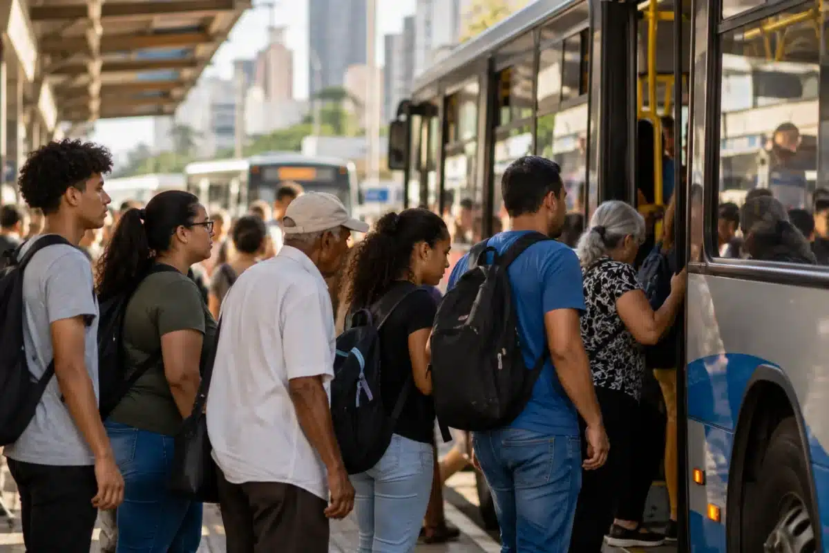 PEC enviada ao Congresso pode financiar transporte coletivo gratuito nos fins de semana e feriados 2 Passageiros de diferentes idades aguardam embarque em ônibus urbano, ilustrando a importância do transporte coletivo para a população.