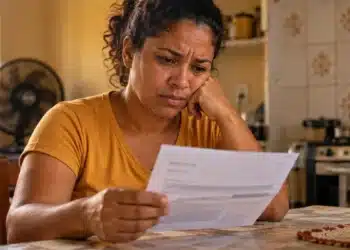 Mulher sentada à mesa de casa, com expressão preocupada, lendo uma carta impressa que representa os avisos enviados às famílias beneficiárias da Tarifa Social de Energia Elétrica.