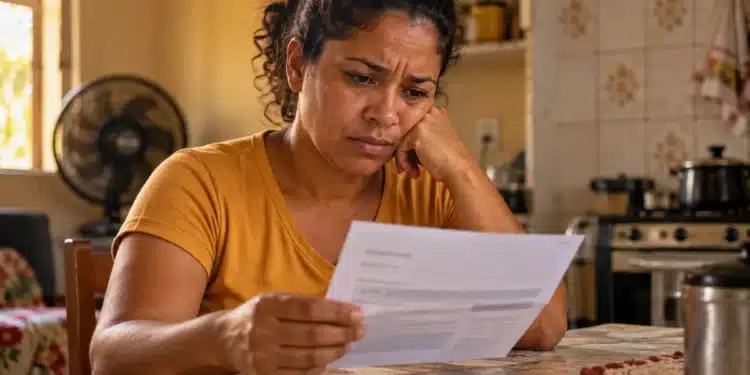 Mulher sentada à mesa de casa, com expressão preocupada, lendo uma carta impressa que representa os avisos enviados às famílias beneficiárias da Tarifa Social de Energia Elétrica.