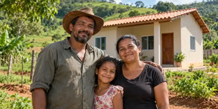 Família rural em frente a uma nova moradia, representando as unidades habitacionais aptas para contratação pelo Minha Casa, Minha Vida Rural.