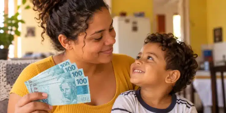 Mães de Pernambuco abre 2.760 vagas com auxílio de R$ 300 até 22 de outubro; veja quem pode se inscrever 1 Mãe segura cédulas de R$ 100 enquanto observa o filho em casa, ilustrando o auxílio de R$ 300 do programa Mães de Pernambuco.