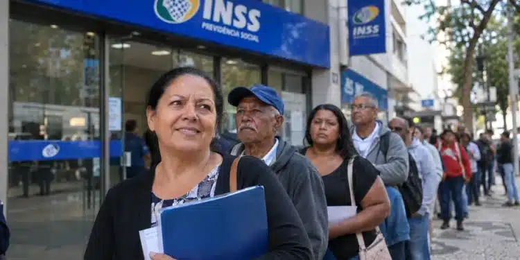 Segurados aguardam atendimento em fila na entrada de uma agência do INSS, com documentos em mãos.
